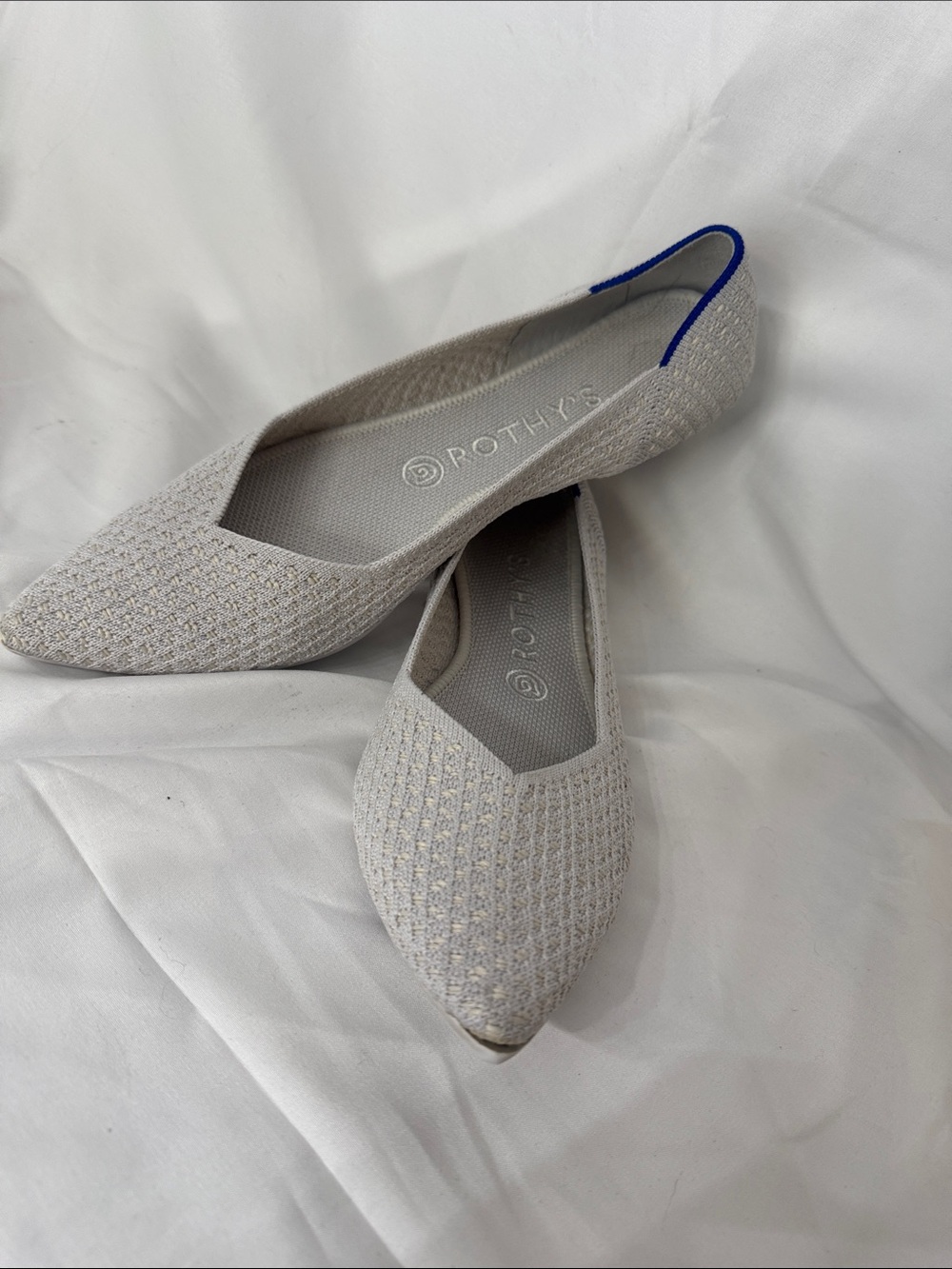 Rothy's Pointed Knit Flats in Light Gray with Blue Trim